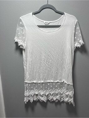 Women’s White Sheer Lace Trim Short Sleeve Top Brand Kaktus Size S